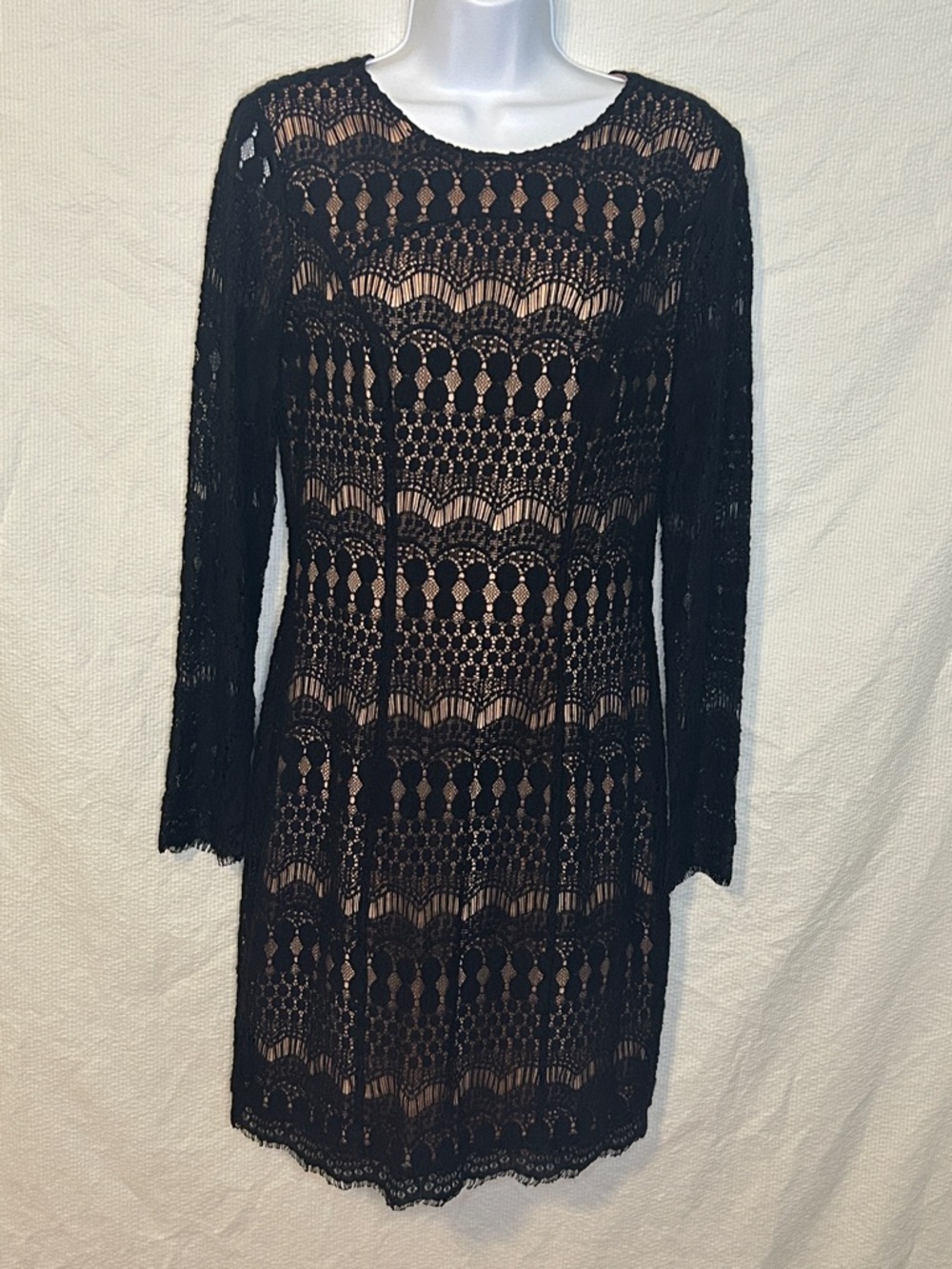 White House Black Market (WHBM) Fully Lined Long Sleeve Black Lace Dress, Size 8